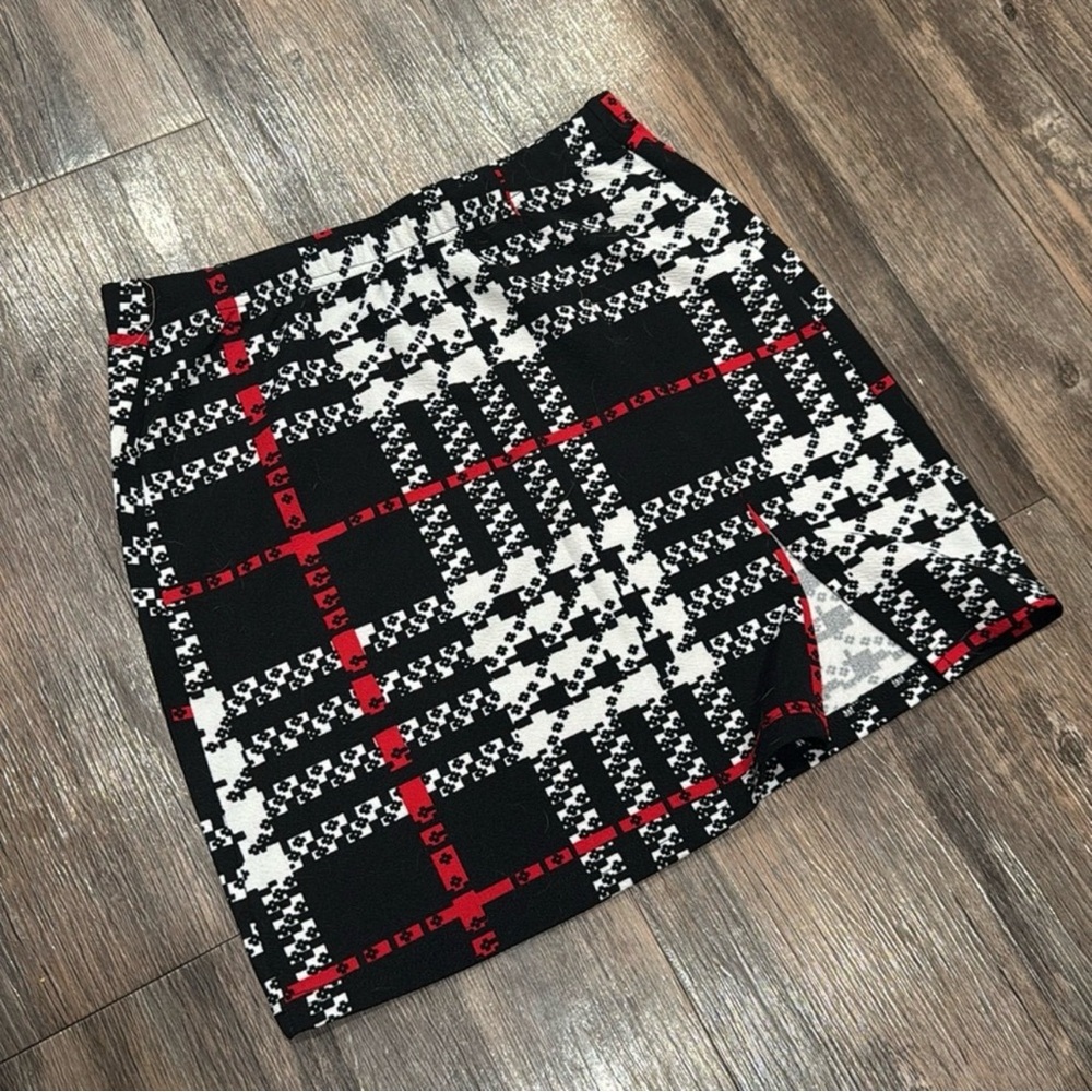 Plaid Bodycon Mini Skirt Stretchy Slit Black Red Small